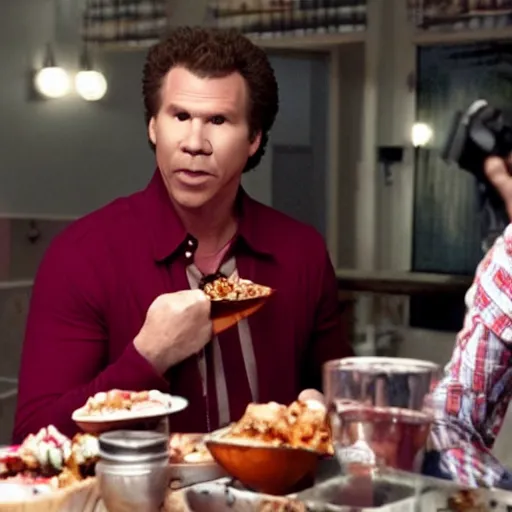 Image similar to scene from a movie that looks like a drama but it's a laugh hard comedy, will ferrell becoming addicted to spicy chicken wings, shot by darren aronofsky, 4 k