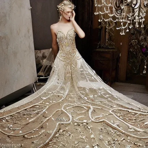 Image similar to a long wedding dress with a train made of flower petals made of light - colored fabric. transparent in places. in places, patterns of precious stones. intricate patterns of gold thin threads. fantasy. clear details