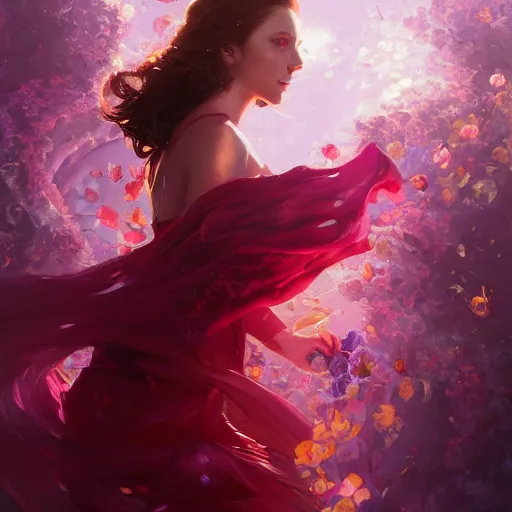 Image similar to faceless scarlet witch in a swirling sundress of flowers, floral explosion, radiant light, vortex of plum petals, oil painting, Tooth Wu, Greg Rutkowski, RPG portrait, dynamic lighting, fantasy art, High contrast, depth of field