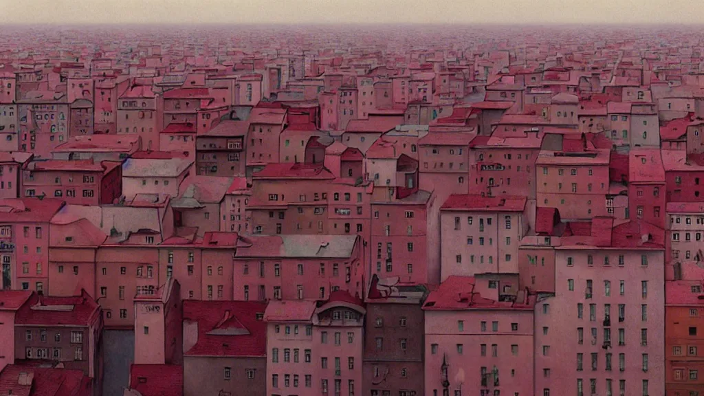 Image similar to the talked about town, film still from the movie directed by Wes Anderson with art direction by Zdzisław Beksiński, wide lens