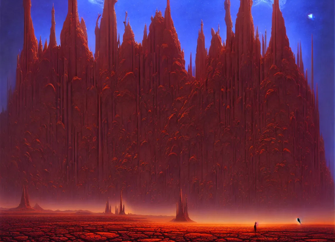 Image similar to immense crematorium gothic architecture advanced technology scifi architectural structure desert planet alien wardrobe, wayne barlowe, bruce pennington, donato giancola, larry elmore, oil on canvas, masterpiece, trending on artstation, featured on pixiv, cinematic composition, dramatic, beautiful lighting