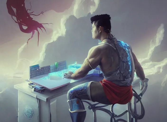 Image similar to an insanely detailed painting of an asian man wearing a homemade superhero costume, sitting at a desk, staring seriously at the computer and typing, in the style of peter mohrbacher, james jean, dramatic lighting and composition, surreal background, octane render, pixar, trending on artstation, concept art, comic book, view from behind, 8 k