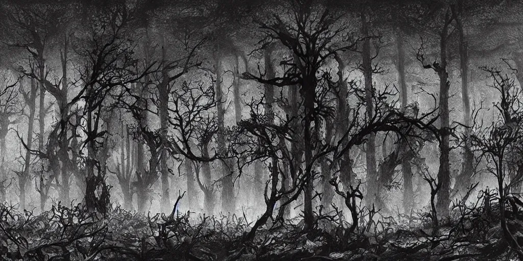 Image similar to photorealistic, ruined english bungalow at night, overgrown vegetation, in the forest, apocalypse, very dark, fog, skinny evil creatures, hell scape, horrifying, hyperrealistic, grimdark, art by tsutomu nihei