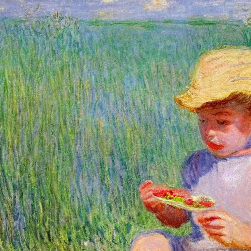 Prompt: in the style of Monet, a boy is eating foods, very highly detailed, 8k, wallpaper
