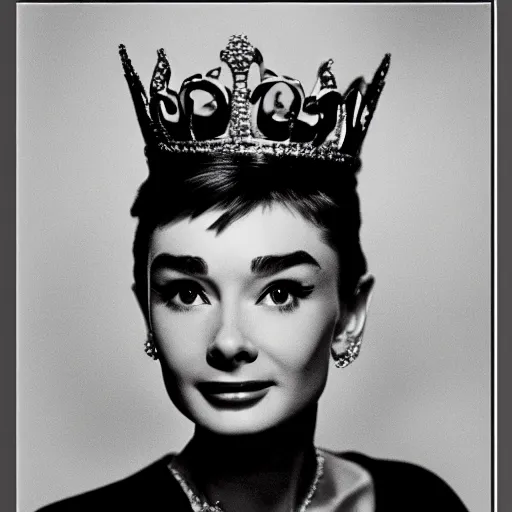 Image similar to portrait of audrey hepburn as a crowned queen, ultra realistic, canon 3 5 mm photography