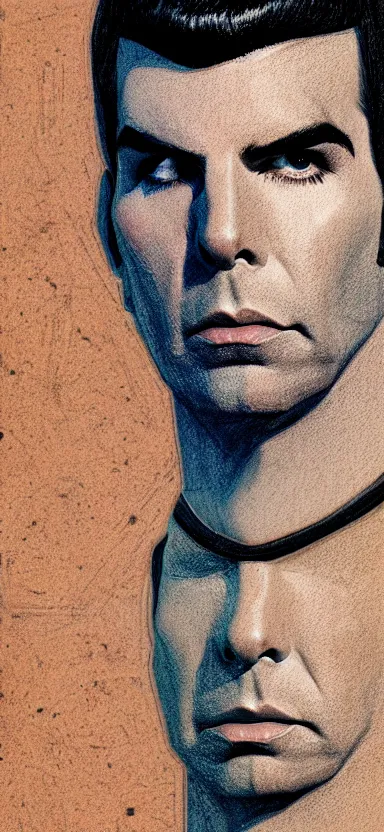 Image similar to : ZACHARY QUINTO SPOCK fanart + 70s SPRAY PAINT TEXTURE + art by J.C. LEYENDECKER + 4K UHD IMAGE + STUNNING QUALITY + CRAYON TEXTURE