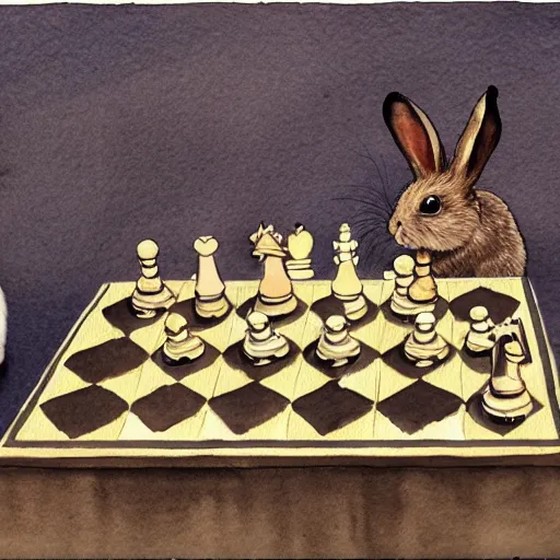 Image similar to first person view, playing chess against a rabbit, watercolour realism