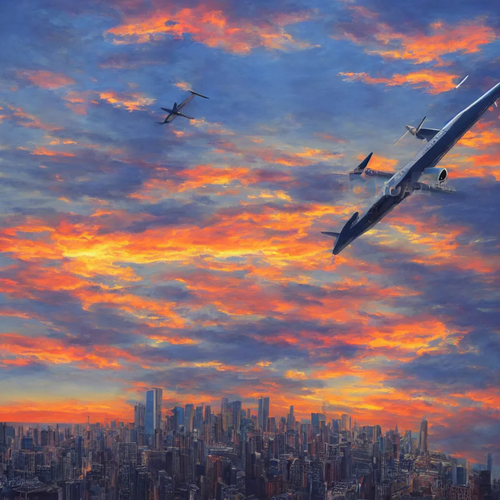 Prompt: Photorealistic painting of a plane flying straight into World Trade Center with a beautiful sunset in the background