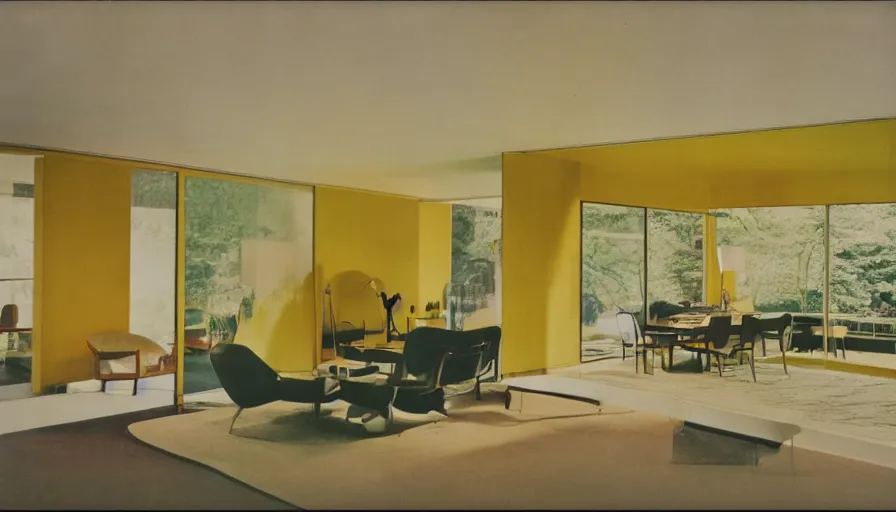 Image similar to architecture ad for inside a mid-century modern house designed by more van der rohe. Film grain, cinematic, colorized, yellow hue.