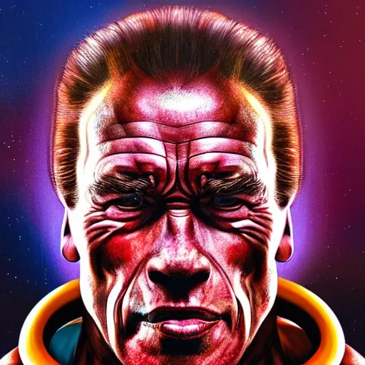 Prompt: I've discovered life, arnold schwarzenegger, ecstatic, infinite power, manic, perfect eyes, full body shot, chemical structures, atoms, molecules, portrait, energized face, noble, transformation, vivid colors, elegant, concept art, sharp focus, digital art, Hyper-realistic, 4K, Unreal Engine, Highly Detailed, HD, Dramatic Lighting by Brom, trending on Artstation