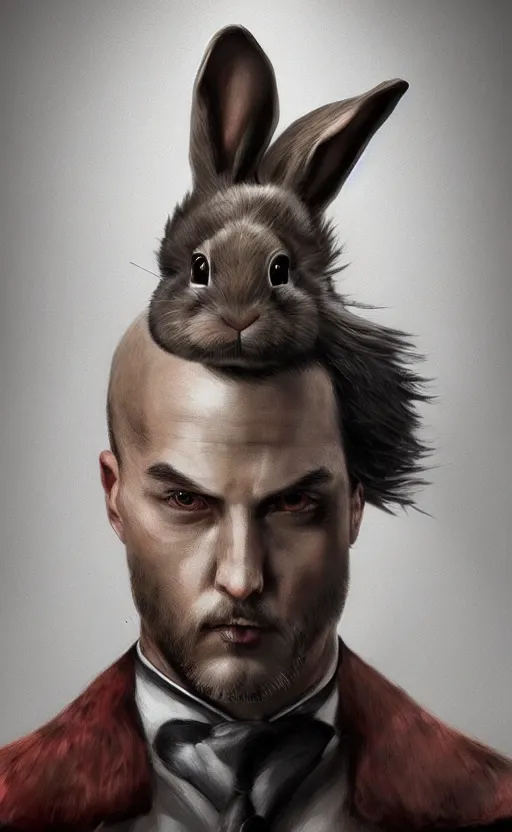 Image similar to dark fantasy photorealistic portrait concept art of a bunny hitman, trending on art station, stunning visuals, creative, cinematic, ultra detailed