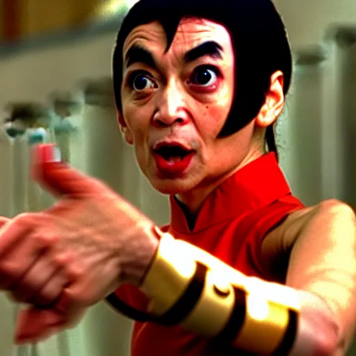 Image similar to mr. bean as chun li from the streetfighter movie. movie still. cinematic lighting.