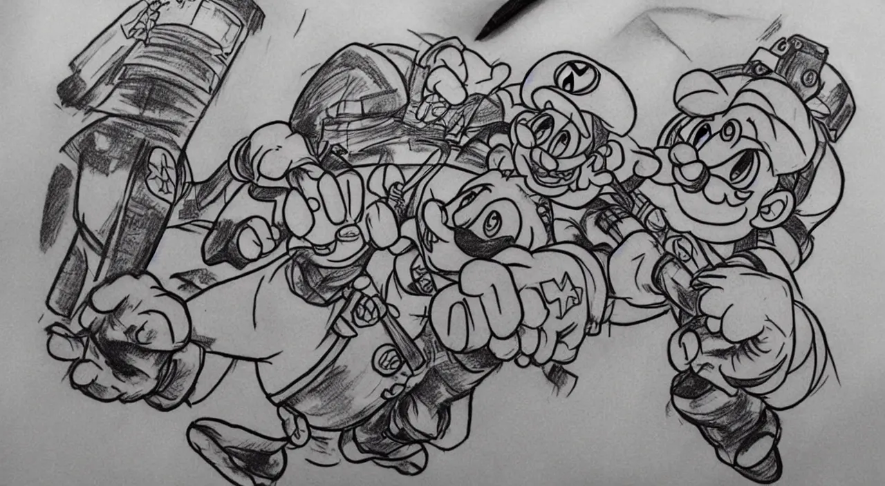 Prompt: tatoo sketch, super mario, hand