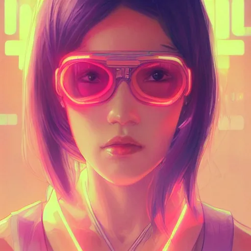 Prompt: Vietnamese woman, pastel pink and orange skin tones, electronic, cyberpunk eye wear, UI text, sci-fi, Arstation by Artgerm and greg rutkowski and alphonse mucha