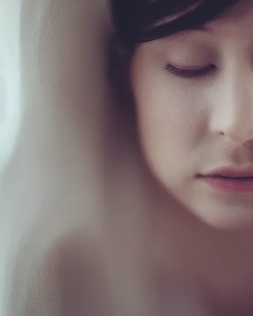 Image similar to photorealistic portrait of a beautiful young woman, very blurry, out of focus, translucent stone white skin, closed eyes, foggy, closeup