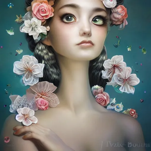 Prompt: an intelligent young women looking at the camera, she has a beautiful unconventional face, she is surrounded by an explosion of 3 d flowers, elegant, highly detailed, digital painting, artstation, japonisme, concept art, pop, smooth, sharp focus, illustration, art by mark ryden and gaston bussiere 3 d 8 k ultra detailed
