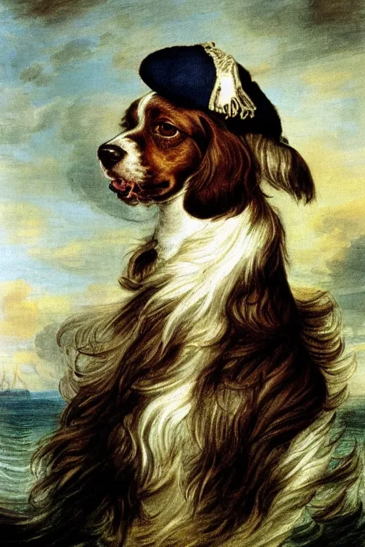 Prompt: A painted portrait of an entirely brown springer spaniel with no white hair, wearing a sea captain's uniform and hat, stood aboard a ship at sea, by Thomas Gainsborough, elegant, highly detailed, anthro, anthropomorphic dog