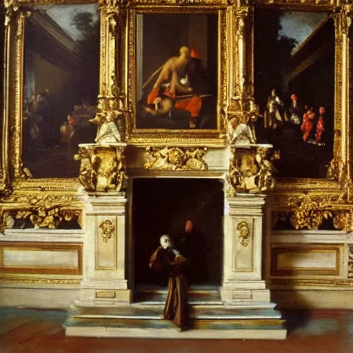 Prompt: fine art, oil on canvas baroque style 1 9 5 6 by diego velasquez. the main entrance of the palace of versailles in france.