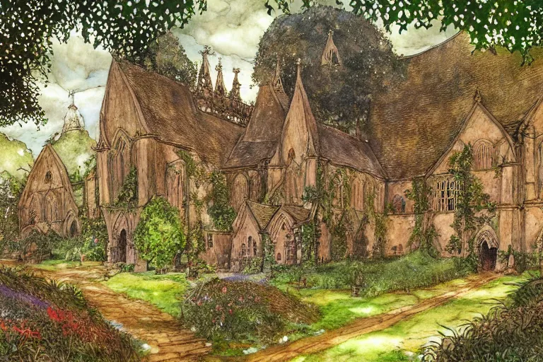 Prompt: an elaborate and dense painting of the peaceful redwall abbey in mossflower wood, detailed, made of alcohol ink on parchment and penned illustrations, by brian jacques and jean baptiste monge