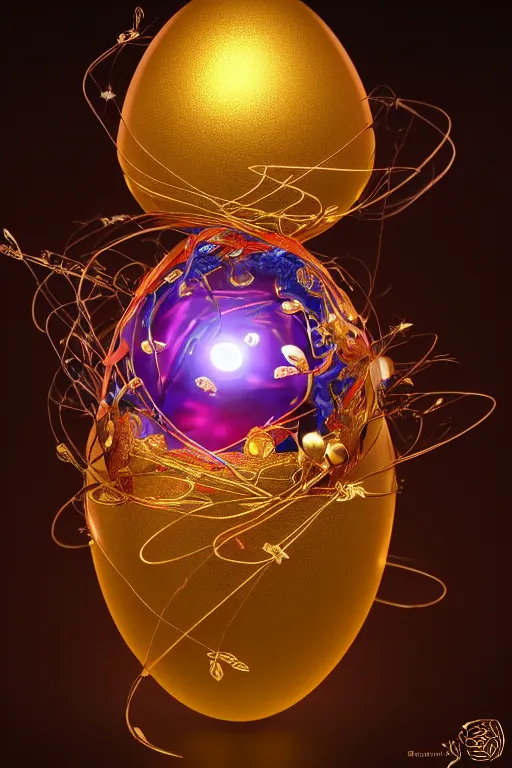 Image similar to a detailed glowing egg with swirls of red and blue emerging from the blossom of a metallic gold flower with tendrils of gold wrapping around the egg, a rose made out of silver and gold with an egg inside, fantasy concept art, unreal engine 5, volumetric lighting, trending on artstation