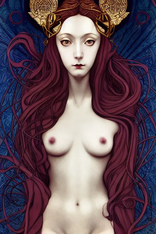 Image similar to a triad of winter muses, style blending æon flux, shepard fairey, botticelli, ivan bilibin, and john singer sargent, inspired by pre - raphaelites, shoujo manga, and harajuku fashion, stark landscape, muted dark colors, superfine inklines, ethereal, otherworldly, 4 k photorealistic, arnold render