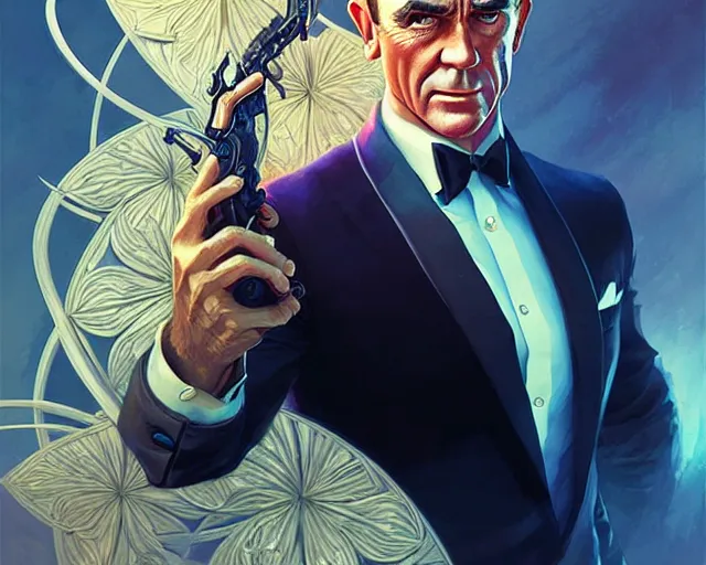 Image similar to James Bond Sean Connery, art nouveau, fantasy, intricate flower designs, elegant, highly detailed, sharp focus, art by Artgerm and Greg Rutkowski and WLOP