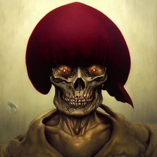 Image similar to Angry Pirate portrait, dark fantasy, maroon, artstation painted by Zdzisław Beksiński and Wayne Barlowe