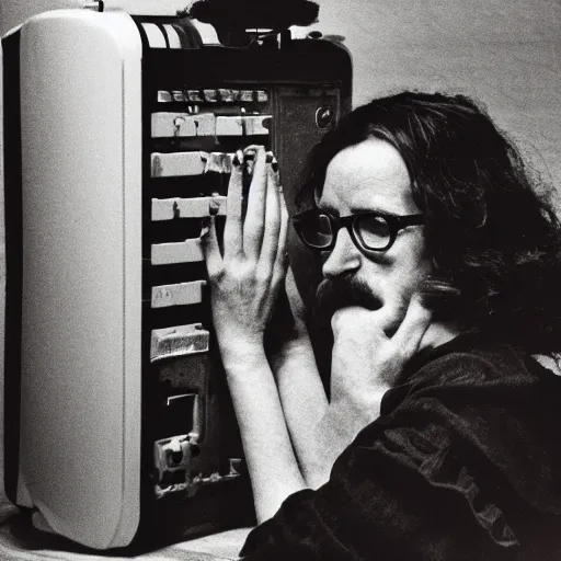 Image similar to a black and white photograph of a computer in love, by robert crumb, by jim henson, high contrast, soft lighting, surreal, film photography