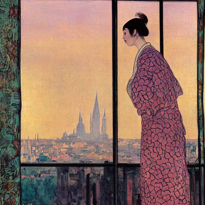 Image similar to portrait of sad woman in kimono and persian cat with city with gothic cathedral seen from a window frame with curtains. cloudy sunset. mikalojus konstantinas ciurlionis, henri de toulouse - lautrec, paul delvaux, utamaro, matisse, monet