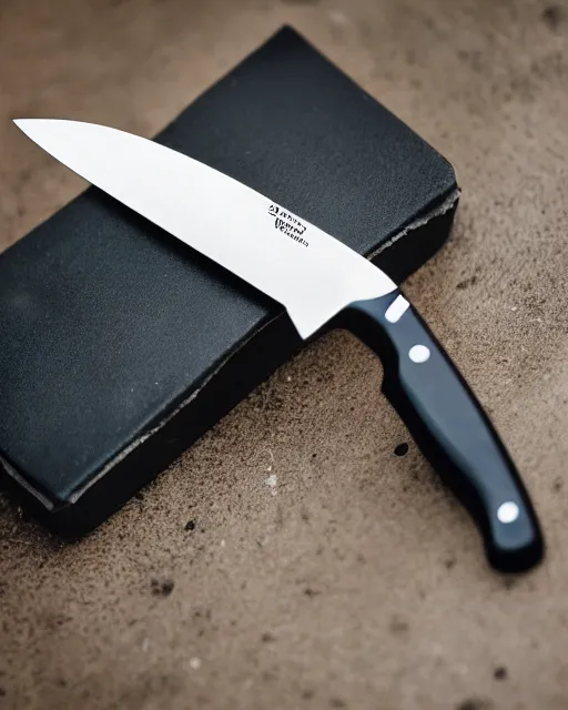 Image similar to A product photo of a knife with a black handle, highly detailed, bokeh, 90mm, f/1.4