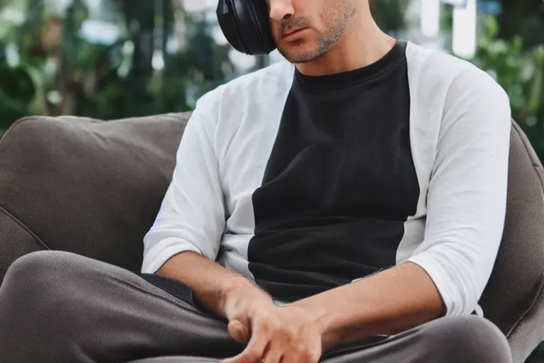 Image similar to a man that is deep in thought is wearing a white t - shirt and he is wearing black sweat pants and he is wearing over the ear headphones and he is relaxing in a brown leather chair that is in the reclining position