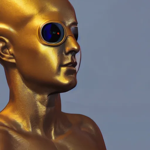 Image similar to a hyper real comic book style portait painting of a stone statue with a golden vr headset on it, unreal 5, hyperrealistic, octane render, cosplay, rpg portrait, dynamic lighting