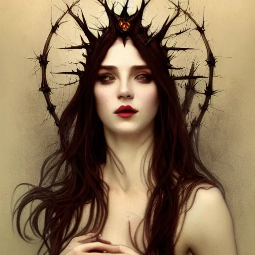 Image similar to portrait of very beautiful vampire, rose thorn crown, thorns everywhere, headshot, pale skin, 4k, rule of thirds, extreme detail, detailed drawing, trending artstation, hd, fantasy, D&D, realistic lighting, by Alphonse Mucha, Greg Rutkowski, sharp focus, backlit, blonde hair, elegant