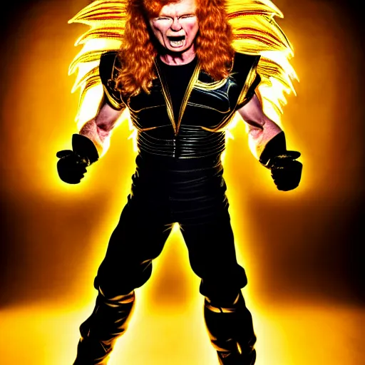 Image similar to uhd candid photo of hyperdetailed dave mustaine as a super saiyan. correct face, intricate costume, cinematic lighting, photo by annie leibowitz, and steve mccurry.