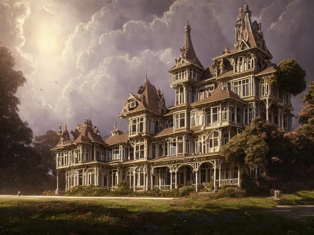 Image similar to gorgeous complex victorian mansion in a beautiful coastal landscape, sunny sky with fluffy clouds, iredescent soft glow bloom effect, dream - like, baroque portrait painting, perfect composition, beautiful detailed, intricate detailed octane render, unreal engine 5, trending on artstation, 8 k, chiaroscuro, masterpiece, raphael, caravaggio, beksinski, ghibli