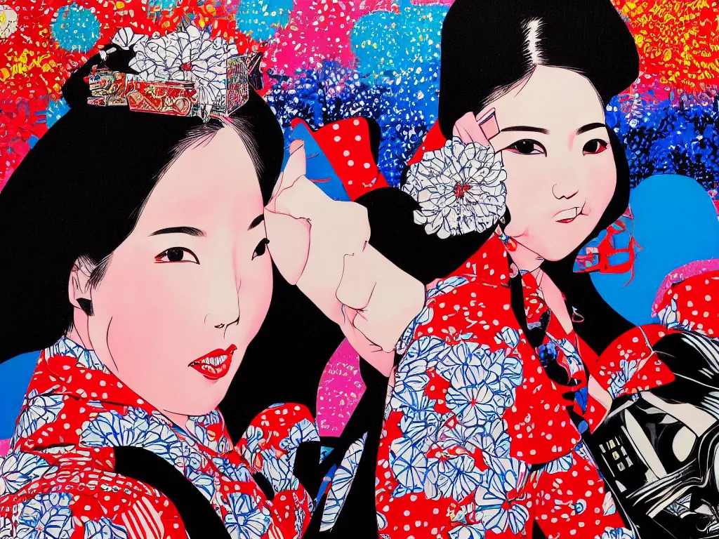 Image similar to hyperrealism composition of the detailed woman in a japanese kimono sitting at an extremely detailed poker table with darth vader, fireworks on the background, pop - art style, jacky tsai style, andy warhol style, acrylic on canvas