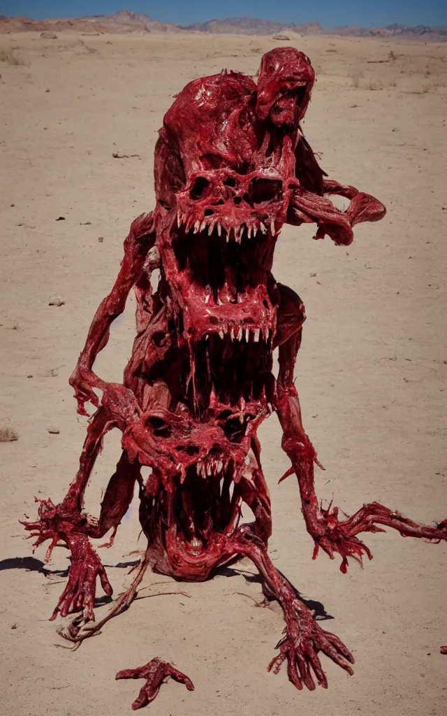 Image similar to in the desert a bloody gross horrifying The Thing creature made of muscle and bone and blood stares at the camera, eating, mid day, 35mm photography, realistic,