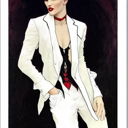 Image similar to beautiful portrait of androgynous ruby rose as desire from sandman in a white tuxedo!!!, rockabilly style,, by alphonse mucha, by jeremy mann, by peter lindbergh, dave mckean, by frank moth, white suit and black tie, soft lightning, high detailed, 8 k