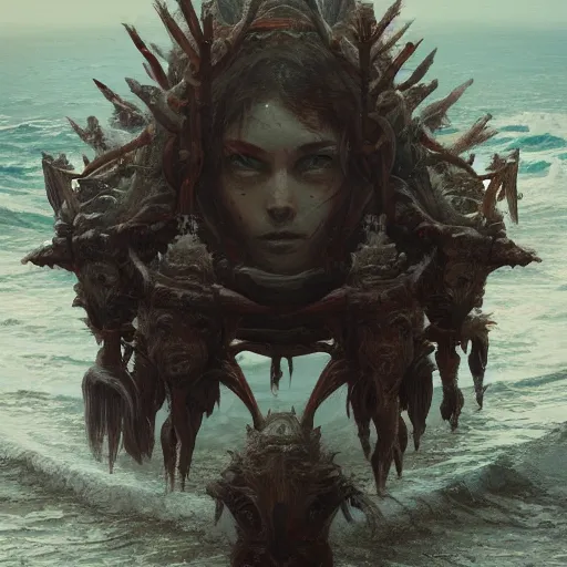 Image similar to A being with seven heads and ten horns coming out of the ocean , digital Art, Greg rutkowski, Trending artstation, cinematographic, hyperrealistic