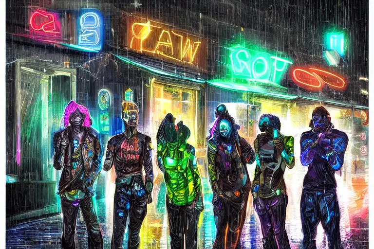 Image similar to a stunning illustration of a group of Afrofuturist cyberpunks standing outside a bar, raining, neon reflections, strong lighting, highly detailed, by Antunesketch, HD, 4K