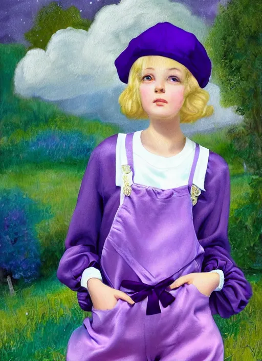 Image similar to A painting of a beautiful and mysterious young girl with short blond hair wearing an oversized purple Beret, Baggy Purple overall shorts, Short Puffy pants made of silk, silk shoes, a big billowy scarf, Golden Ribbon, and white leggings Covered in stars. Short Hair. Sunlit. Haute Couture. Dreamlike. Cloudscape. Fantasy Illustration. Art by william-adolphe bouguereau and Alexandre Cabanel and Anna Dittmann and WLOP and Artgerm and Johannes Helgeson. Smooth. Elegant. Highly Detailed. Intricate. 4K. UHD. Denoise.