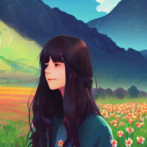 Image similar to portrait of teen girl with long black hair and bangs, detailed facial features, beautiful face, flower fields and mountains in the background, digital painting, artstation, highly detailed, by makoto shinkai and thomas kindle and James gilleard