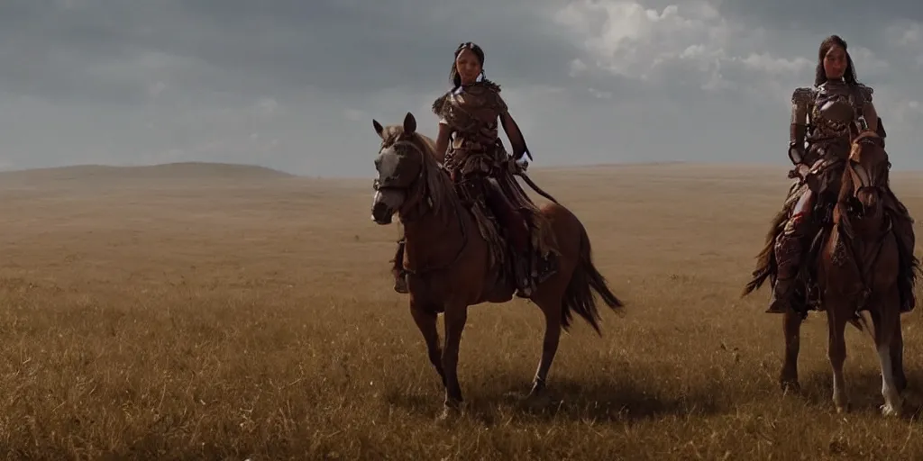 Scythian Warrior Woman On Horseback In Steppes, Still | Stable Diffusion