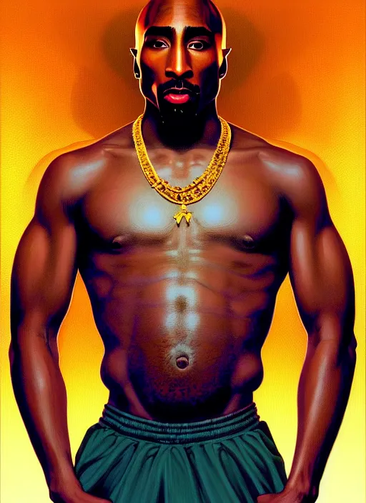 Image similar to symmetry!! portrait of tupac shakur, cottagecore!! fitness body, glowing lights!! intricate, elegant, highly detailed, digital painting, artstation, concept art, smooth, sharp focus, illustration, art by artgerm and greg rutkowski and alphonse mucha