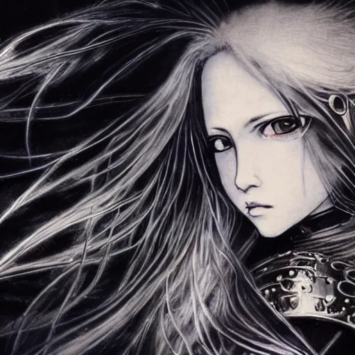 Image similar to yoshitaka amano realistic illustration of an anime girl with black eyes, wavy white hair fluttering in the wind and cracks on her face wearing elden ring armour with engraving, abstract black and white patterns on the background, noisy film grain effect, highly detailed, renaissance oil painting, weird portrait angle, blurred and dreamy portrait, three quarter angle portrait