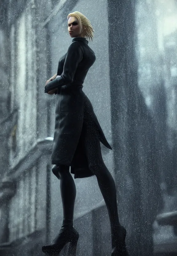 Prompt: cosmopolitan model annie leonhart posing with open toe heels in dunwall city, beautiful face, detailed face, realistic eyes, cinematic lighting, rainy weather, melancholy atmosphere, volumetric light, octane render, gothic architecture, realistic reflections, model agency, instagram photo, depression and despair