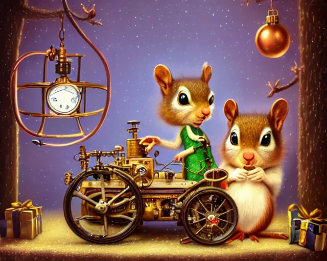 Prompt: a squirrel building a steampunk car, pastel colors, nicoletta ceccoli, mark ryden, lostfish, max fleischer, depth of field, detailed and intricate environment, golden hour, 8 k resolution, hyperrealistic, octane render, vivid colors, bright, cheerful, detailed and intricate christmas environment