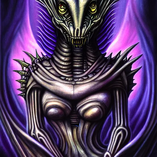 Image similar to Giger portrait of queen dragon, Dragon in dragon lair, HD, full body dragon concept, flying dragon, soft shading, soft colors, relaxed colors, hyperdetailed, wide angle lens, fantasy, futuristic horror, style of giger