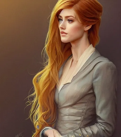 Image similar to katherine mcnamara wearing a golden dress, grey hair, red necktie, cinematic, stunning, highly detailed, digital painting, artstation, smooth, hard focus, full body shot, illustration, art by artgerm and greg rutkowski and alphonse mucha