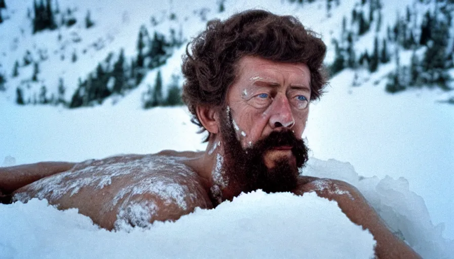 Image similar to 1 9 6 0 s movie still close up of marcus aurelius dirty face frozen to death under the snow on a river's shore with gravel, pine forests, cinestill 8 0 0 t 3 5 mm, high quality, heavy grain, high detail, texture, dramatic light, anamorphic, hyperrealistic, detailed hair foggy